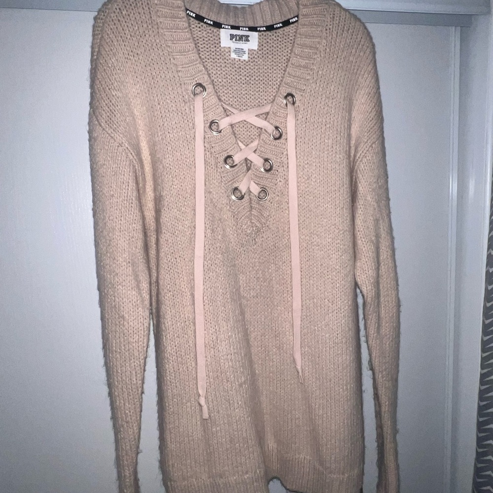 PINK Victoria's Secret Cream V-Neck Sweater Front Lace-Up